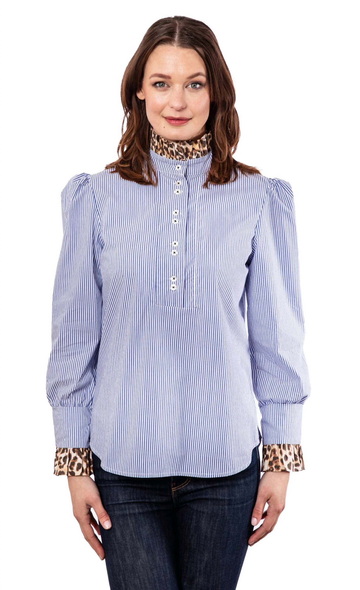 Dizzy-Lizzie - Striped Puff sleeve top with collar & cuff