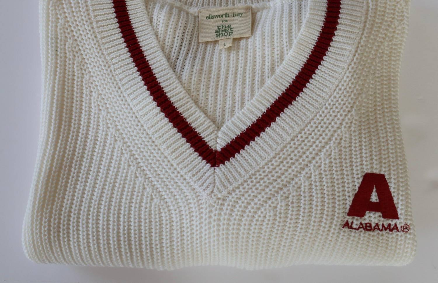 Ellsworth + Ivey Alabama V-neck Varsity Sweater in white - women's sweater - detail view