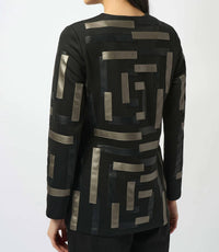 Joseph Ribkoff Scuba & Leatherette Collarless Jacket in black multi - women's jacket - detail view