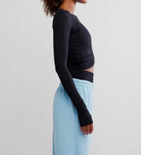 Free People Elsie Ruched Long Sleeve top in blue - women's t-shirt - detail view