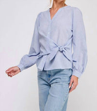 Allie Rose - Cotton Long Sleeve Pinstripe Blouse With Side Tie