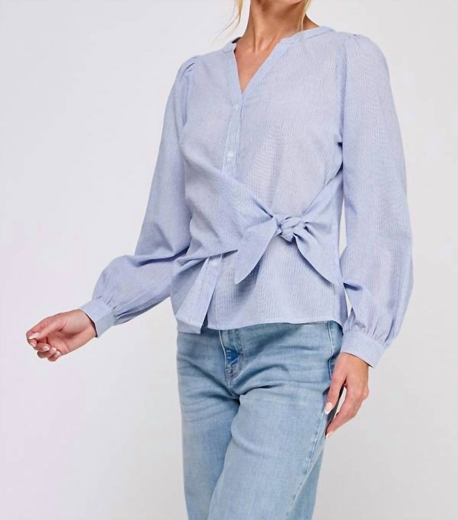 Allie Rose - Cotton Long Sleeve Pinstripe Blouse With Side Tie