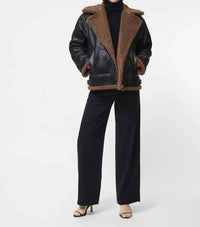 FRENCH CONNECTION Vegan Shearling Zip Up Jacket in black brown - women's jacket