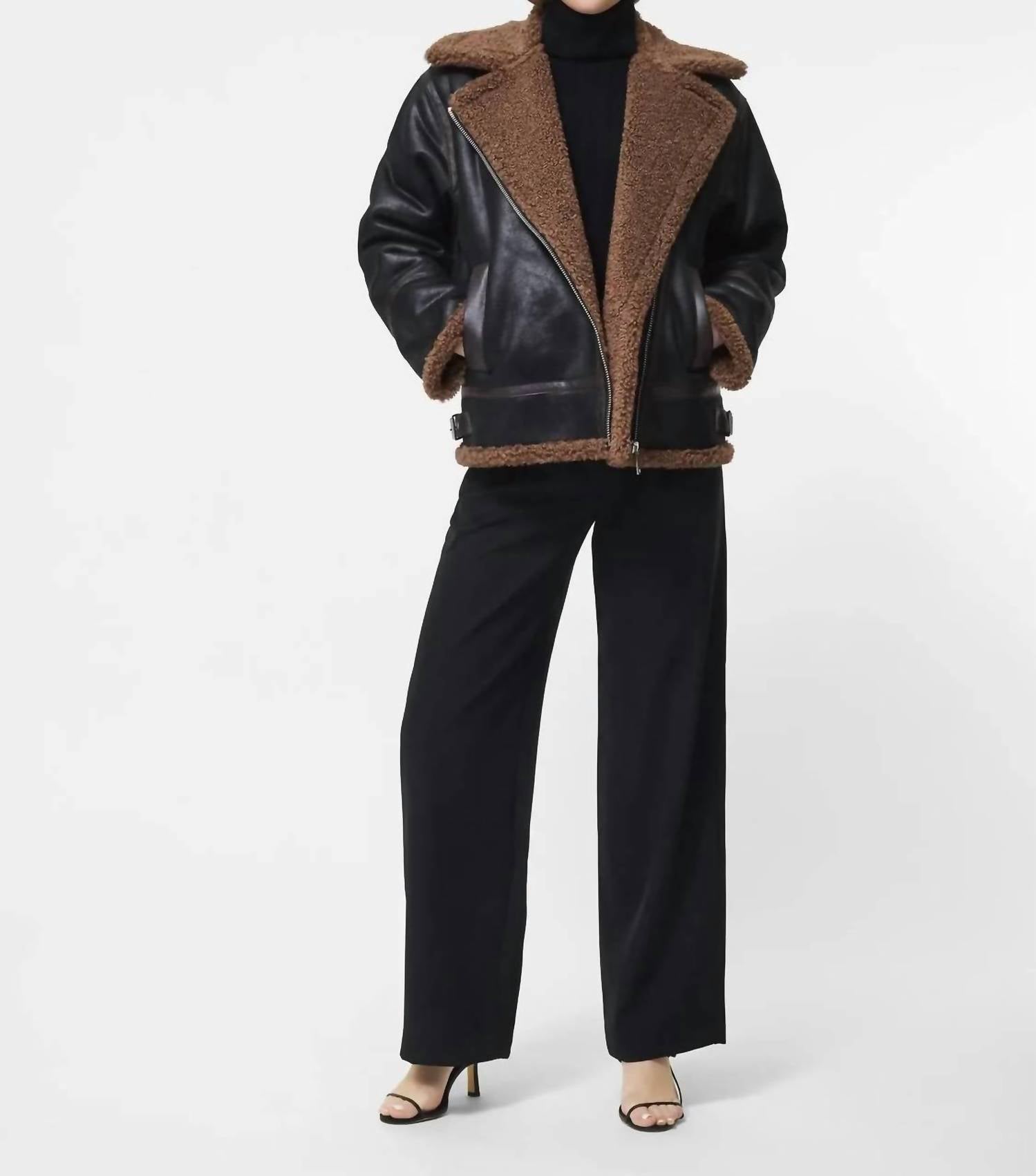 FRENCH CONNECTION Vegan Shearling Zip Up Jacket in black brown - women's jacket