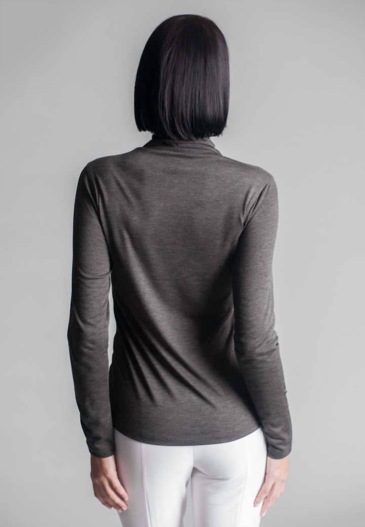 Buki Take-out Turtleneck Shirt in charcoal grey - women's long sleeve top - detail view