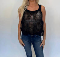 Romi The Brand Azure Crochet Tank Top With Tie in black - women's tank top