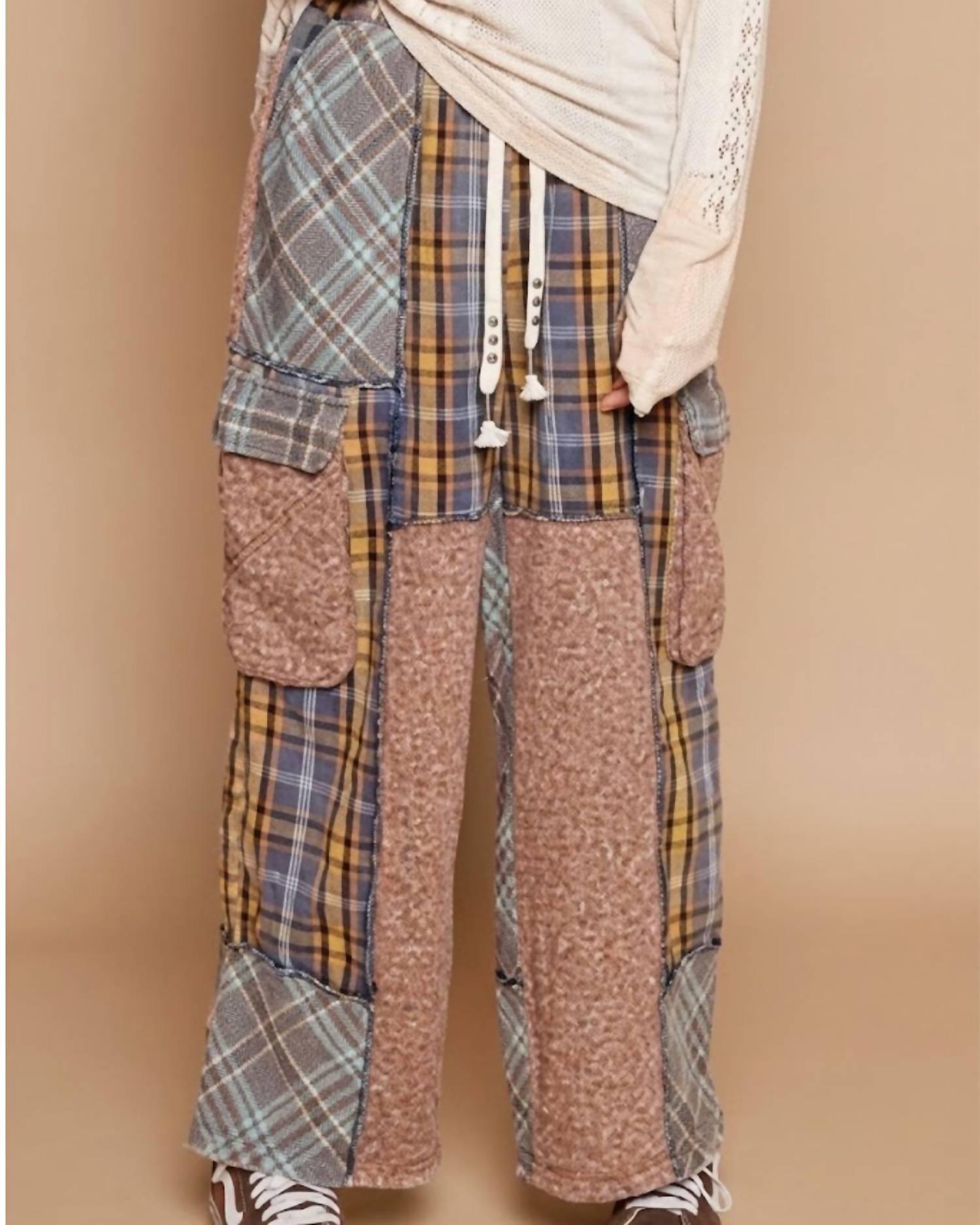 POL Mixed Plaid Wide-Leg Pants in brown multi - women's pants