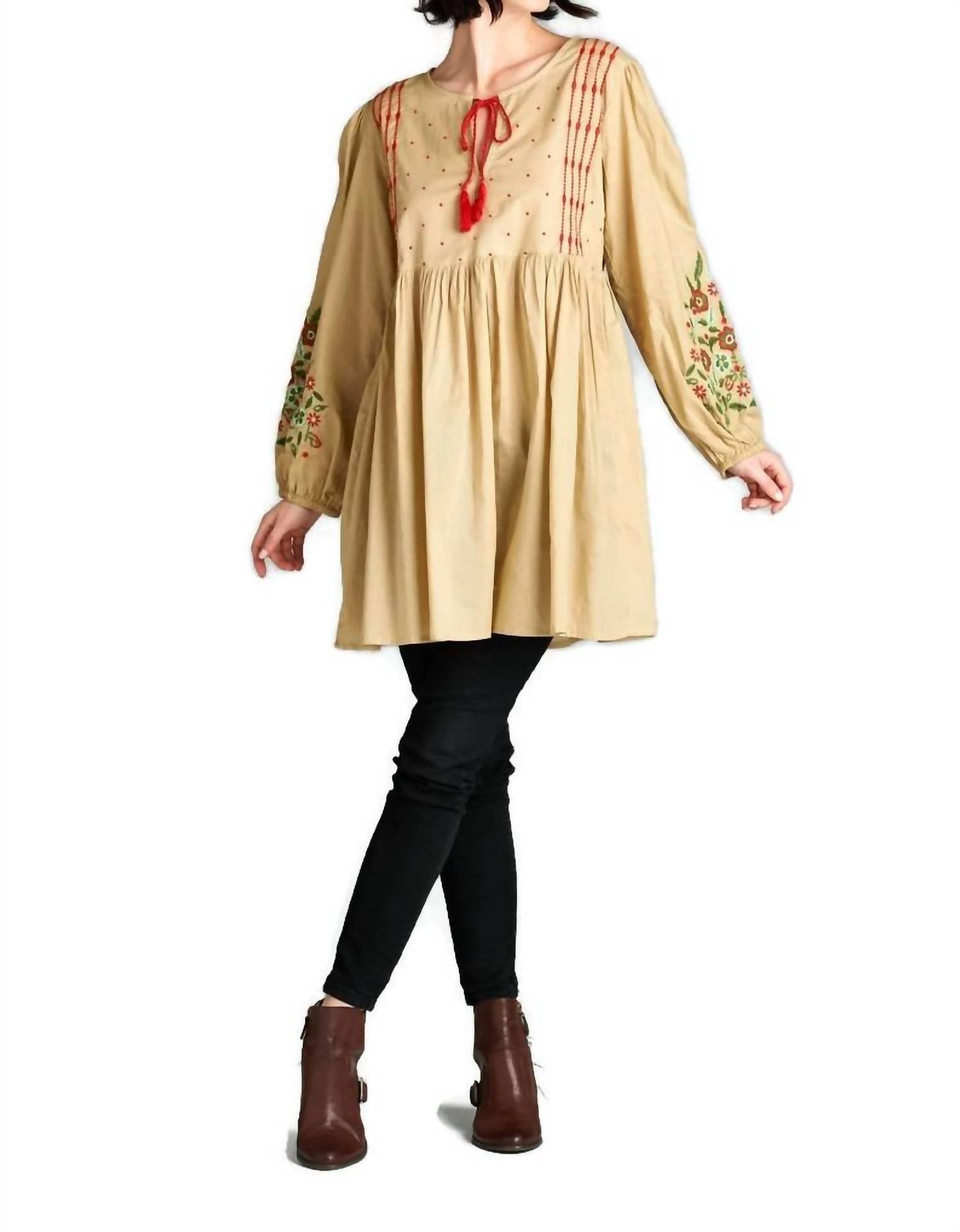 Velzera - Floral Embroidered Peasant Mini Dress
