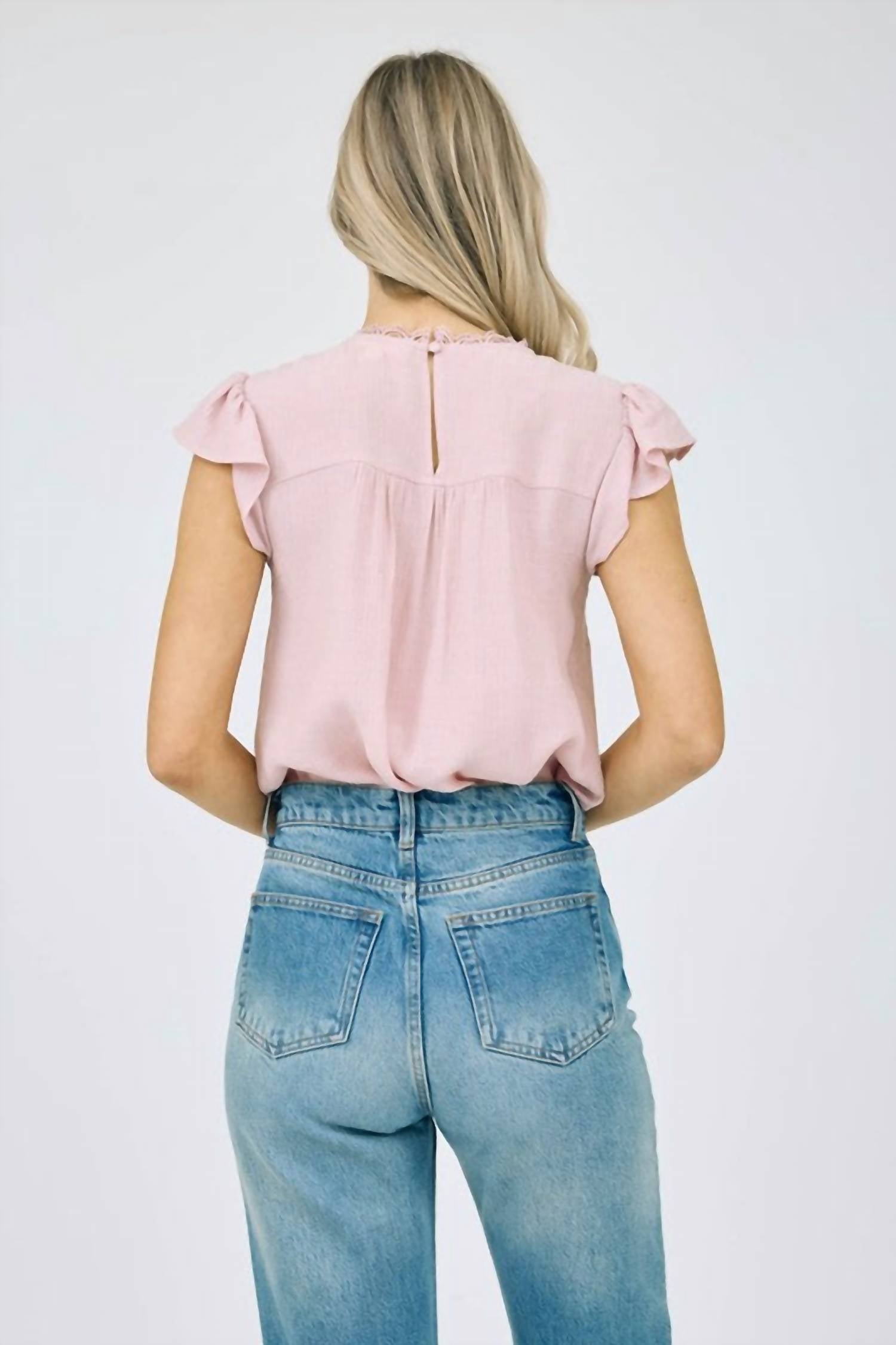 Mine And E&M - Lace Panel Short Ruffle Sleeve Blouse