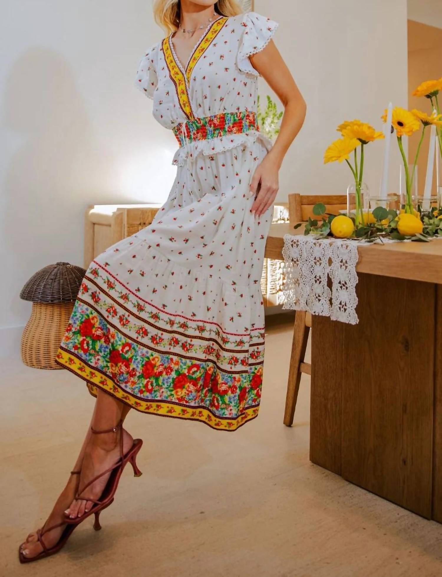 Easel - Floral Border Print Cap Sleeve Midi Dress