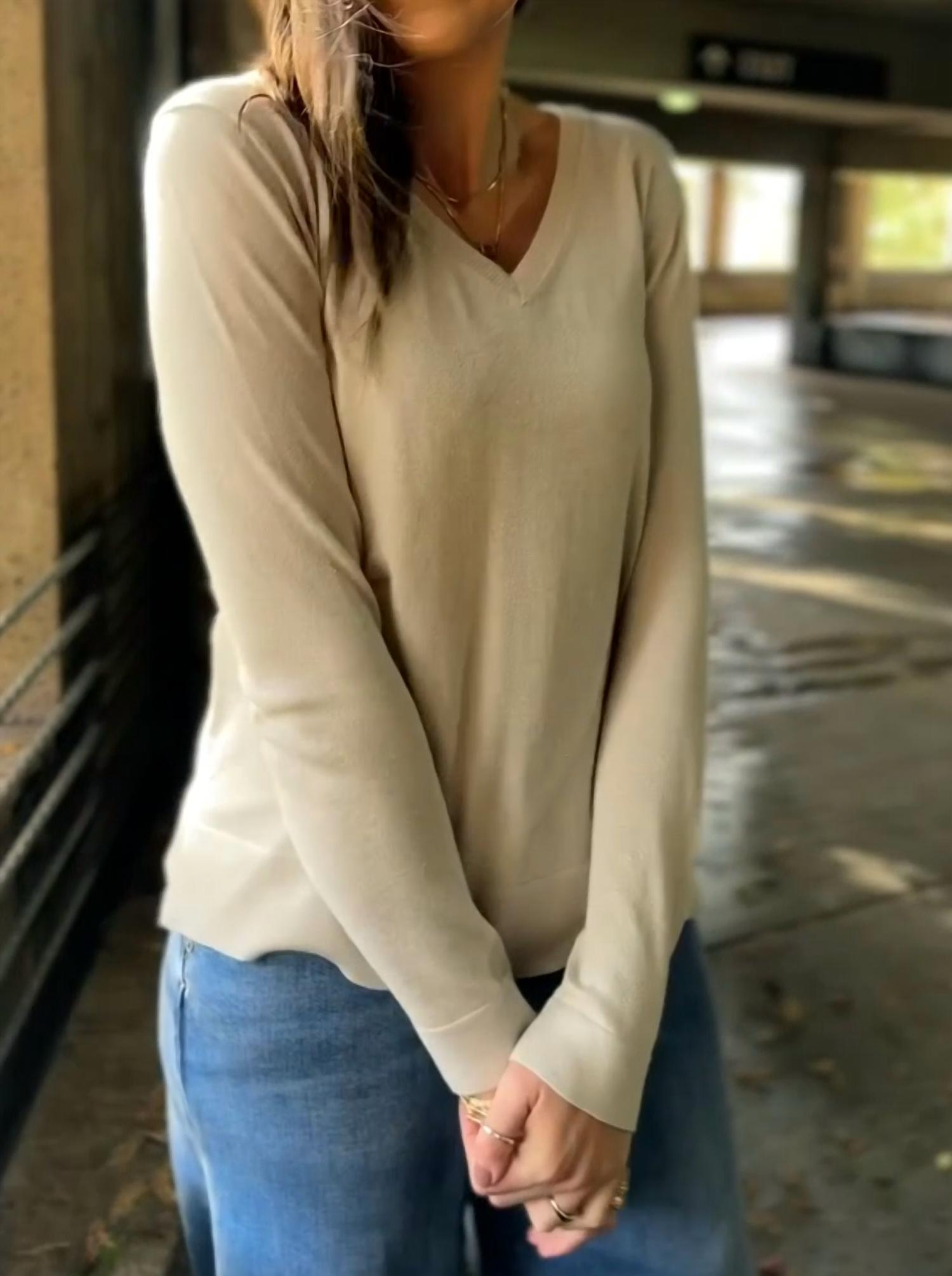 Pure Amici Long Sleeve V Neck Tee in latte - women's long sleeve top