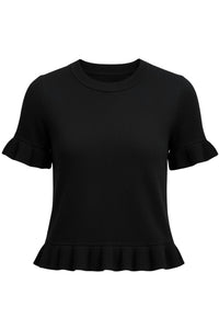 DEAR JOHN DENIM Women's Crewneck Ruffle Detail Short Sleeve Sweater in black - women's sweater