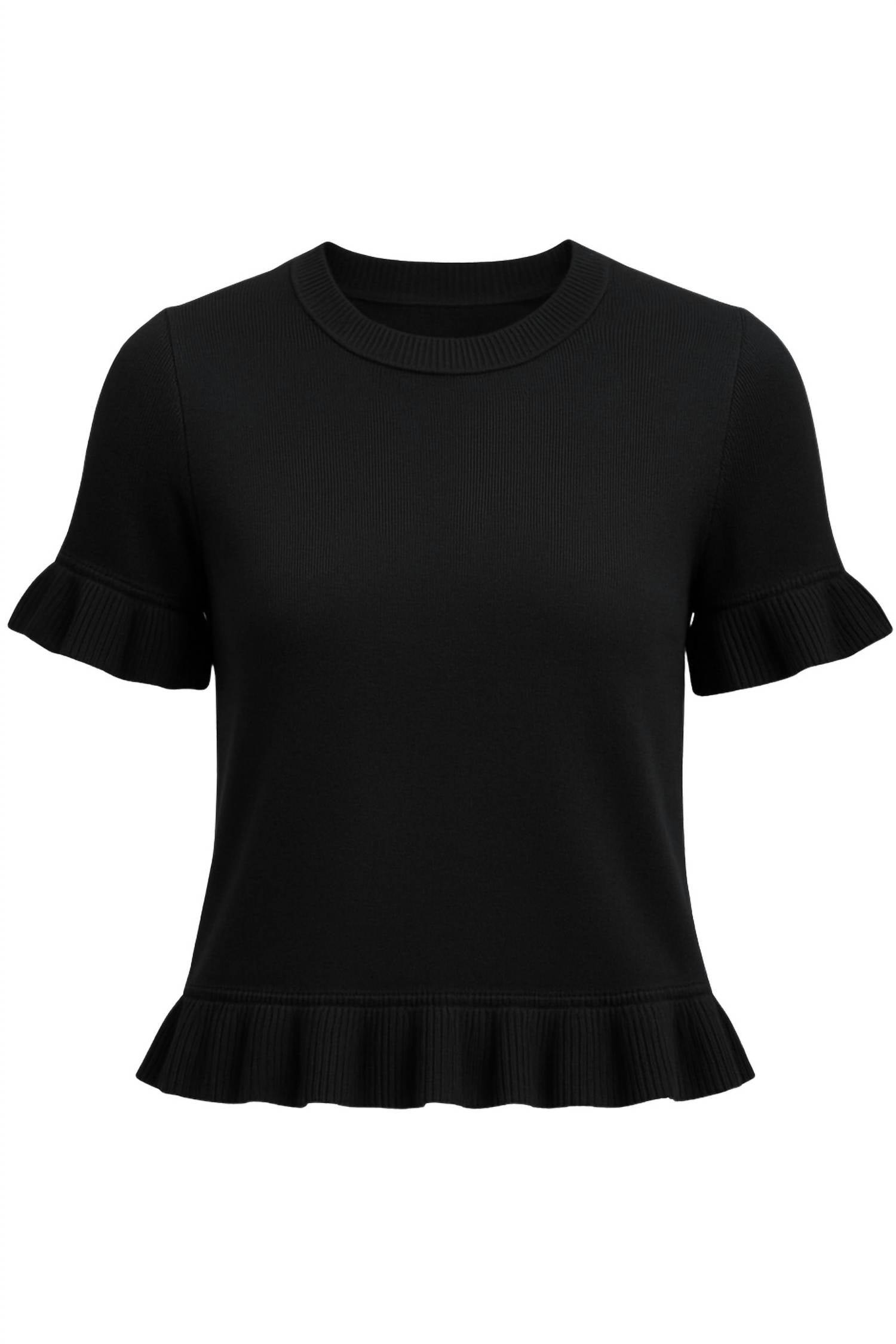 DEAR JOHN DENIM Women's Crewneck Ruffle Detail Short Sleeve Sweater in black - women's sweater