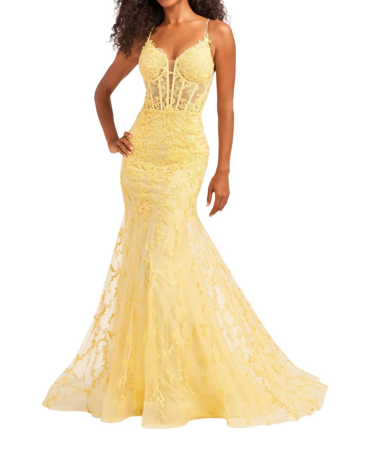 Ellie Wilde Embroidered Tulle Prom Dress in light yellow - women's dress