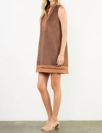 THML Sleeveless Suede Mini Dress in brown - women's dress - detail view