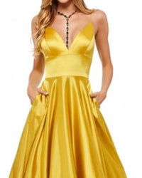 Sherri Hill V-neck Spaghetti Strap Dress in yellow - women's dress - detail view