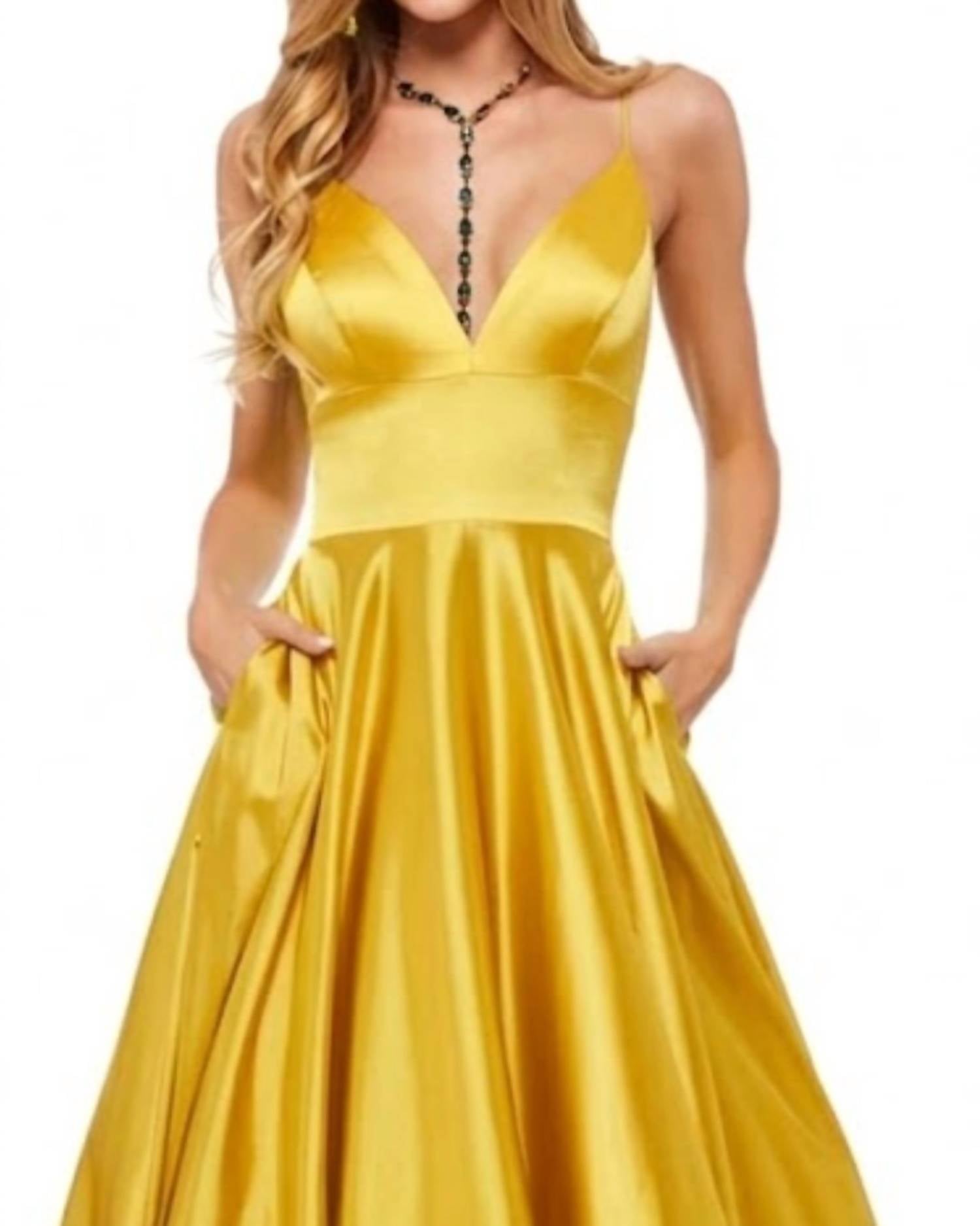 Sherri Hill V-neck Spaghetti Strap Dress in yellow - women's dress - detail view