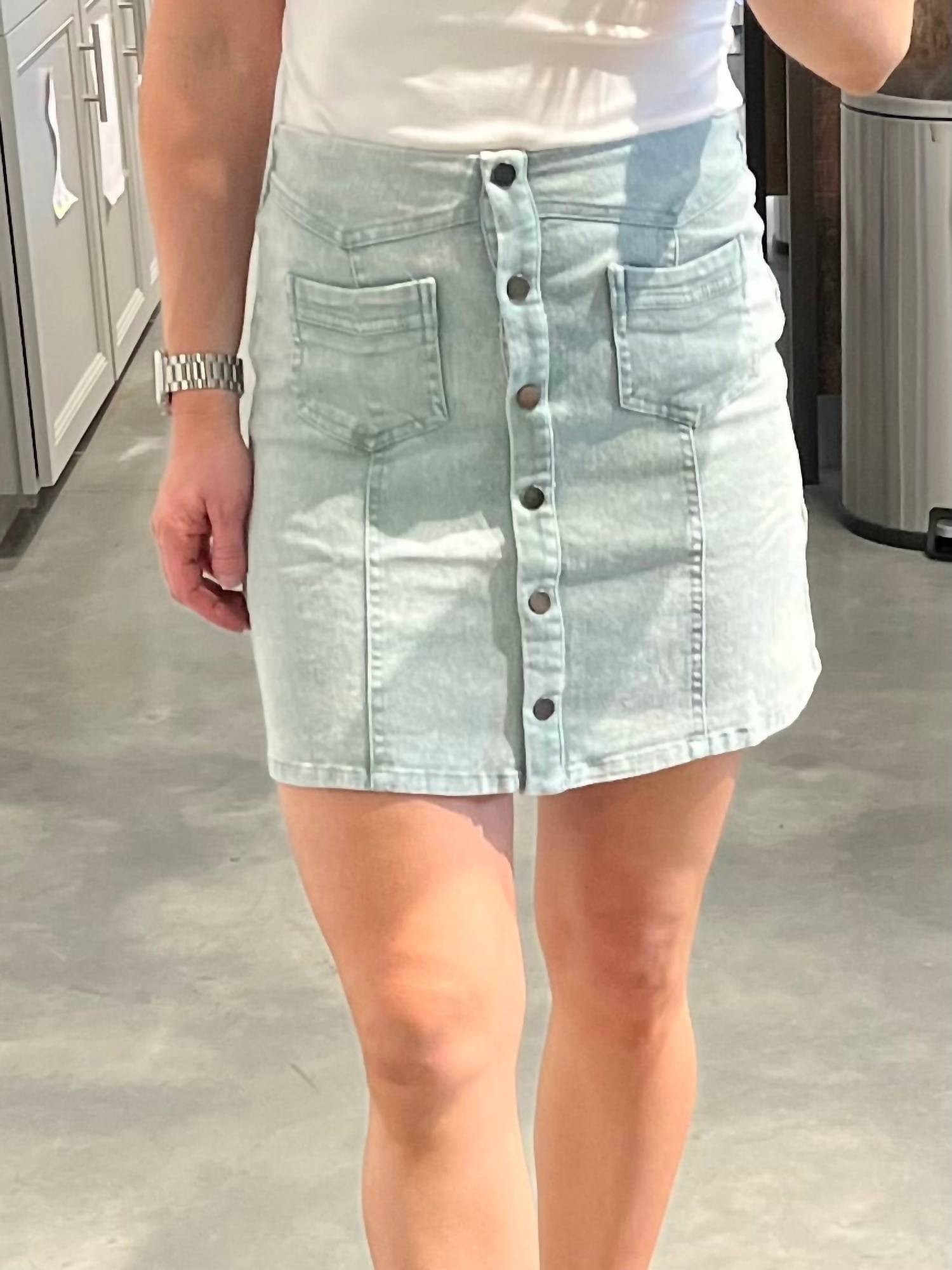 She + Sky - Acid Wash Sage Demin Skirt With Stars On Back
