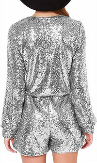 Haoduoyi Sequin V Neck Romper in silver - women's pants - detail view