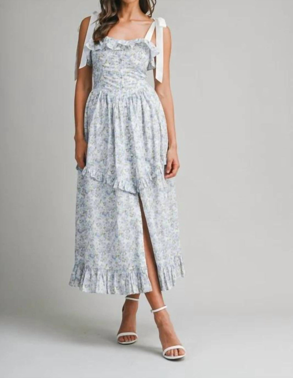 Mable - Floral Printed Contrast Shoulder Strap Midi Dress