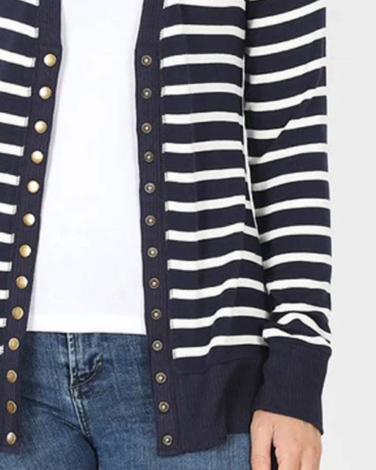 Zenana - Striped Snap Full Sleeve Cardigan