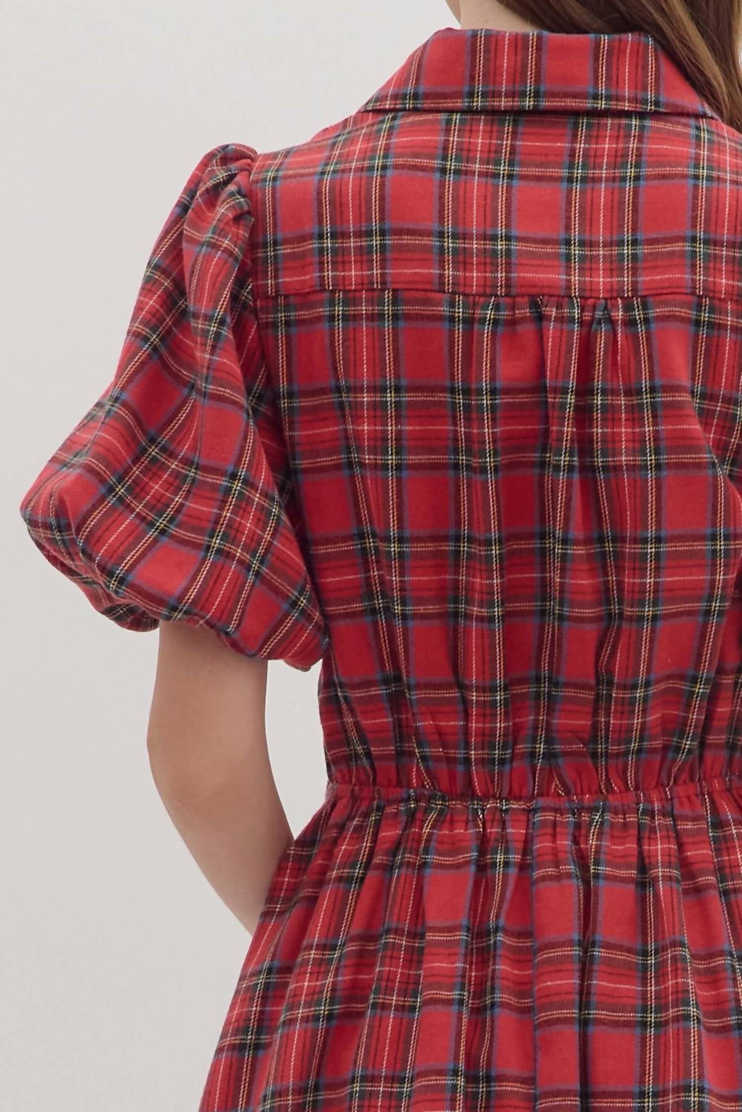 entro Plaid Puff Sleeve Midi Dress in red - women's dress - view 6