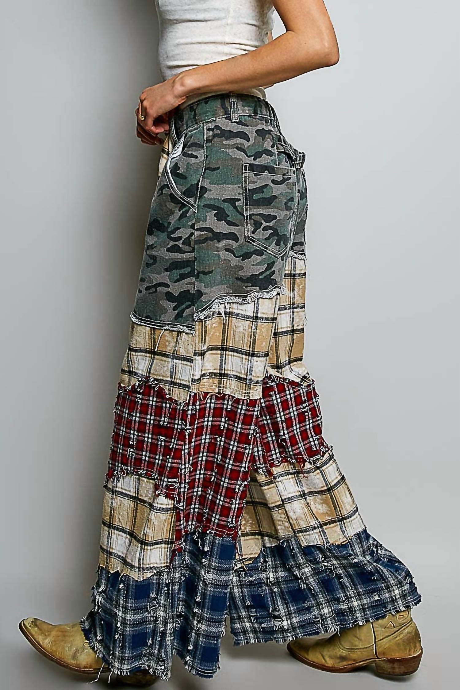 Pol - Asymmetrical Patchwork Buckle Back Detail Woven Pants