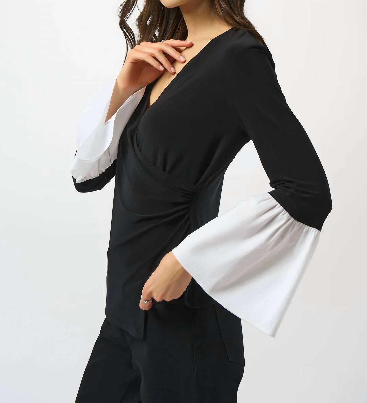 Joseph Ribkoff - Faux Wrap 3/4 Bell Sleeves Tunic Top