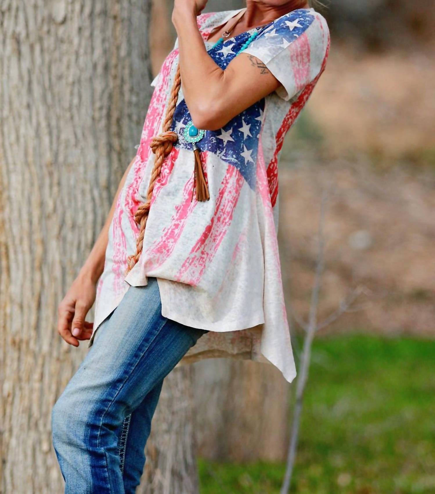 VOCAL APPAREL Flag Shirt With Sleeves Embellishments in silver - women's t-shirt - detail view