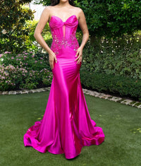 Rachel Allan Structured Corset Bodice Stretch Satin Gown in fuchsia - women's dress