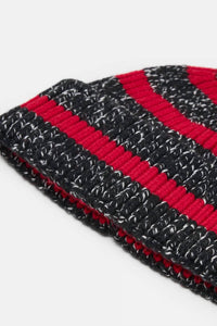 CLOSED Unisex Wool Blend Beanie in charcoal red stripe - women's hat - detail view