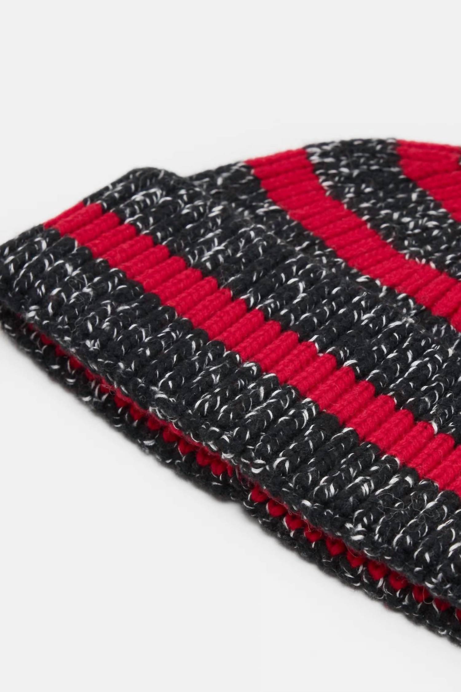 CLOSED Unisex Wool Blend Beanie in charcoal red stripe - women's hat - detail view