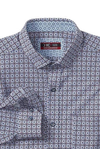 JOHNSTON & MURPHY Men's Xc4 Long-sleeve Print Knit Shirt in rust navy grid burst - men's long sleeve top - detail view