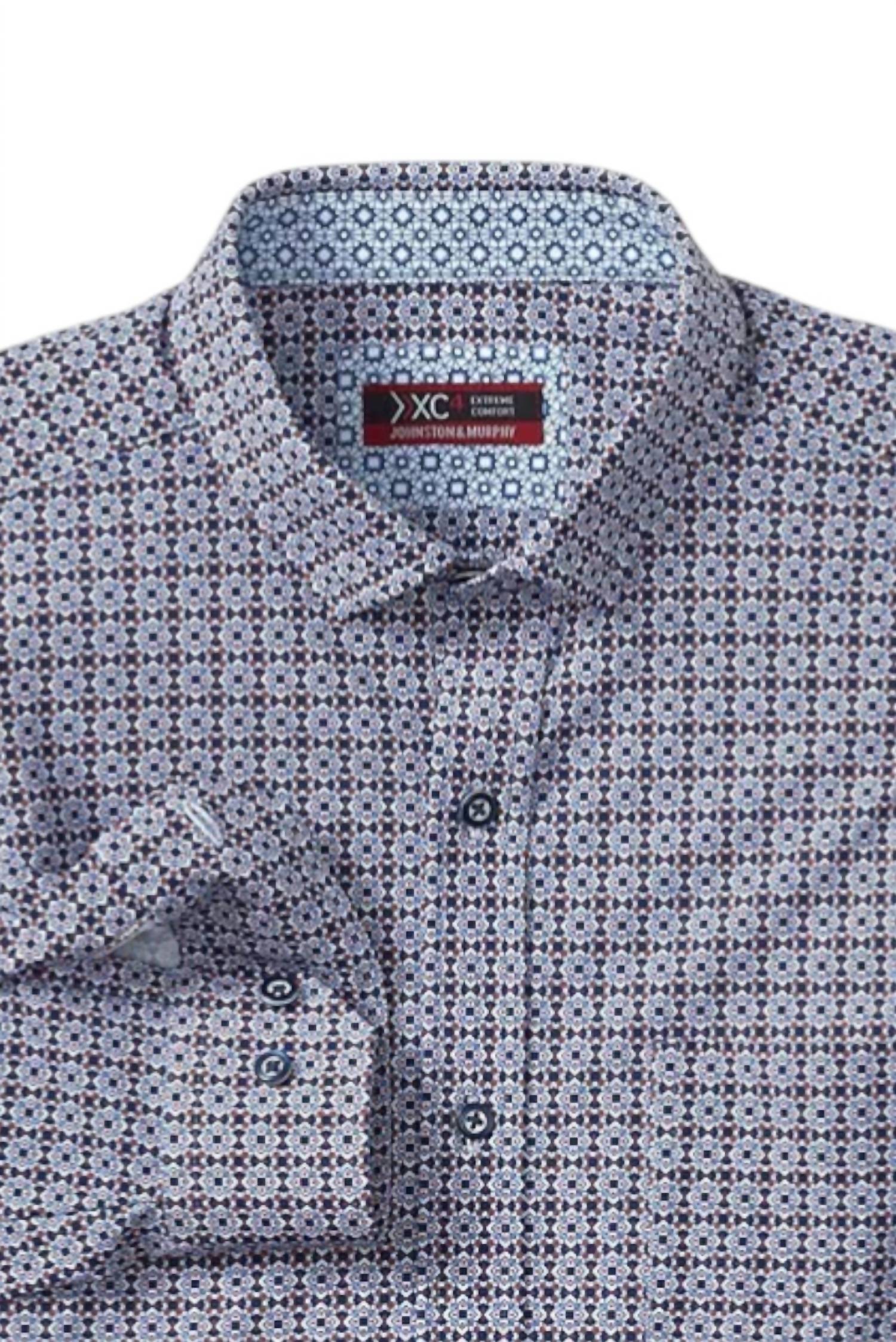 JOHNSTON & MURPHY Men's Xc4 Long-sleeve Print Knit Shirt in rust navy grid burst - men's long sleeve top - detail view