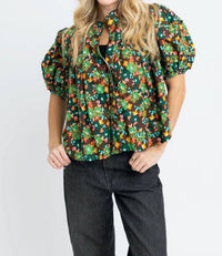 Karlie Floral Button Pleat Top in brown multi - women's blouse - view 4