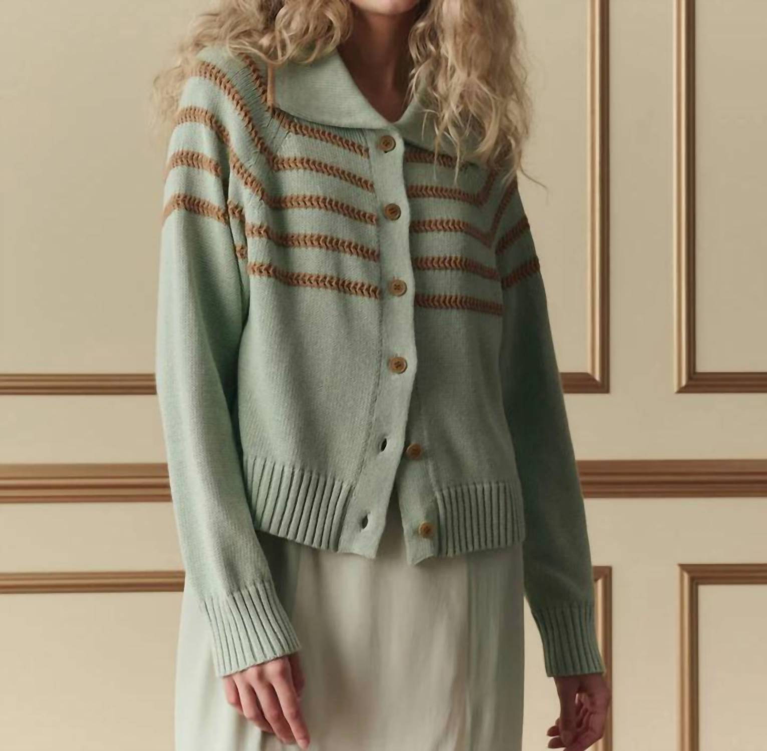 The Great. - Scholar Cardigan with Crochet Stripes