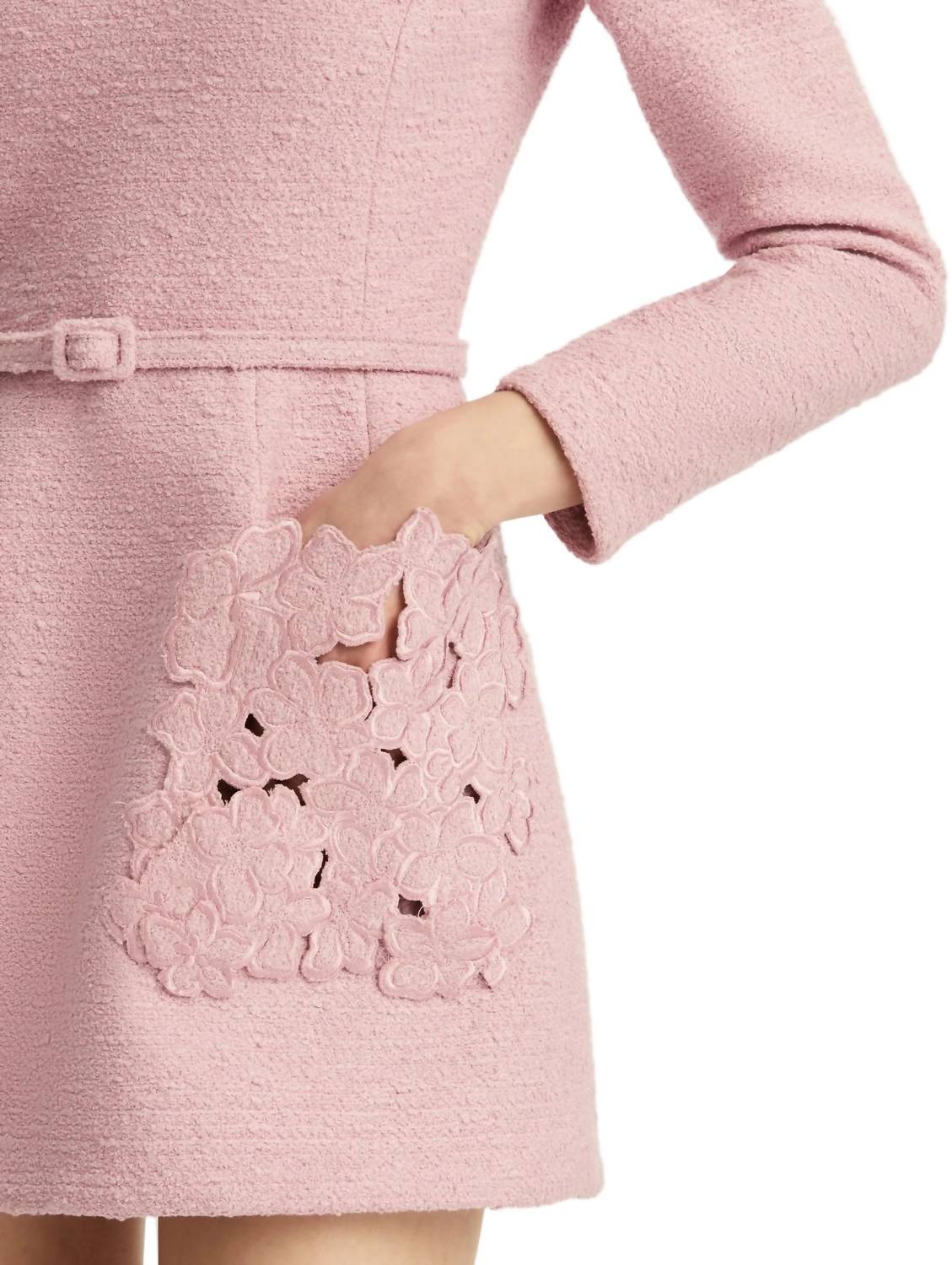 Oscar De La Renta - Long Sleeve Embroidered Tweed Dress With Self Belt