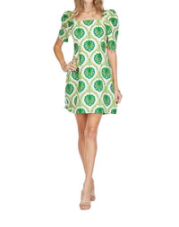 Joy Joy Women's Puff Sleeve Fitted Dress in green motif - women's dress