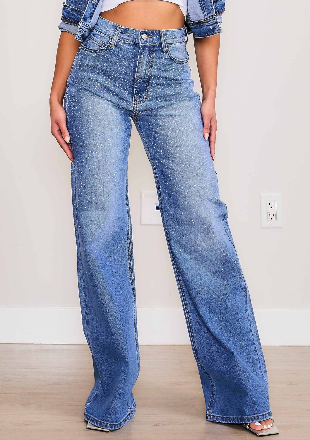 Vibrant M.I.U - Iridescent Rhinestone High-rise Wide Leg Jeans