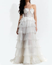 Jovani - Tiered Ruffle Skirt Lace-up Strapless Dress