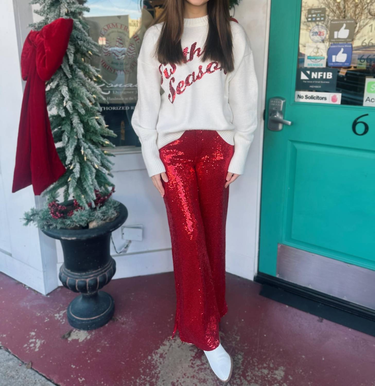 So Me - Christmas Mid Rise Flare Sequin Holiday Pants
