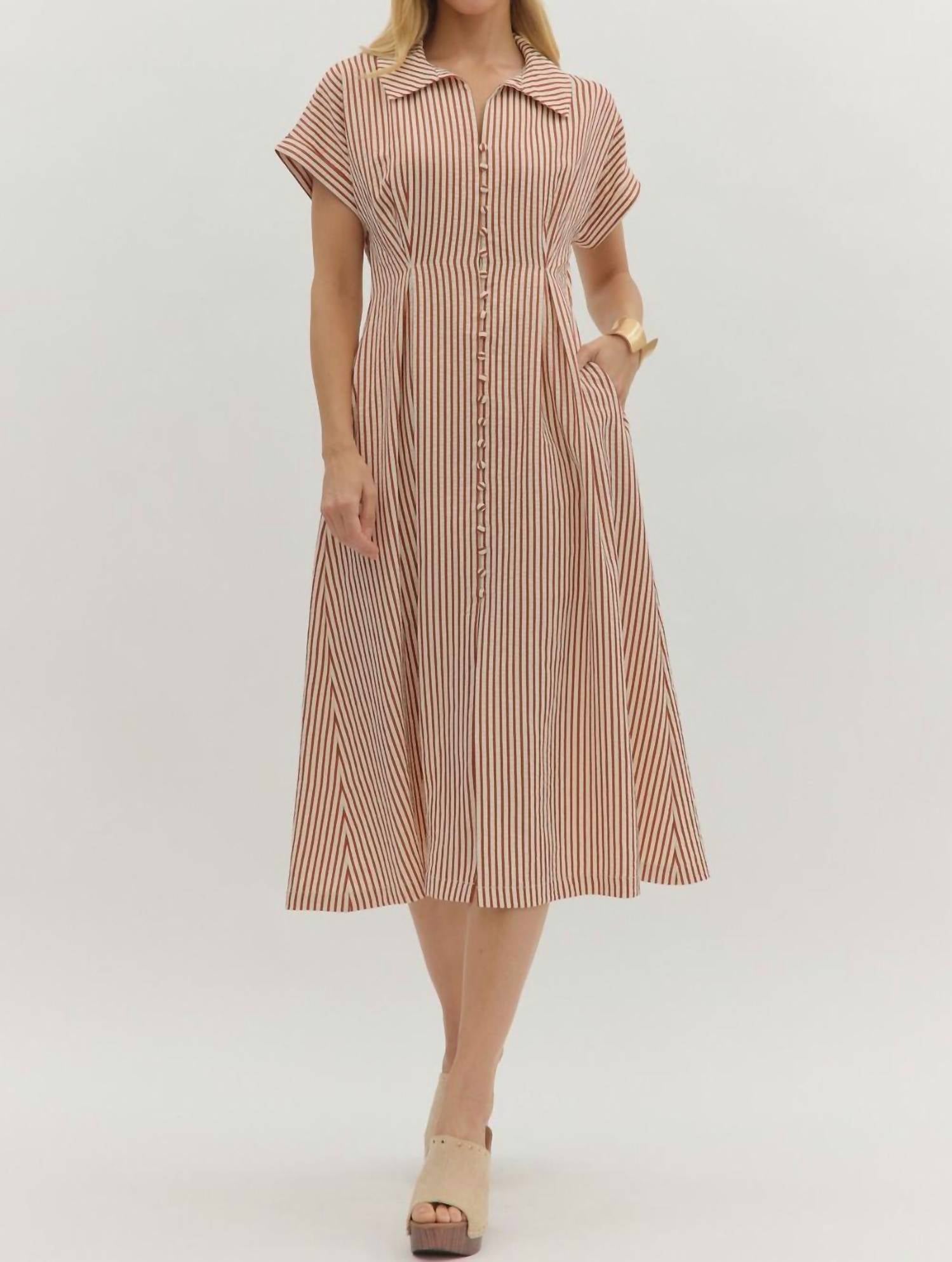 entro Button Front Stripe Dress in beige - women's dress