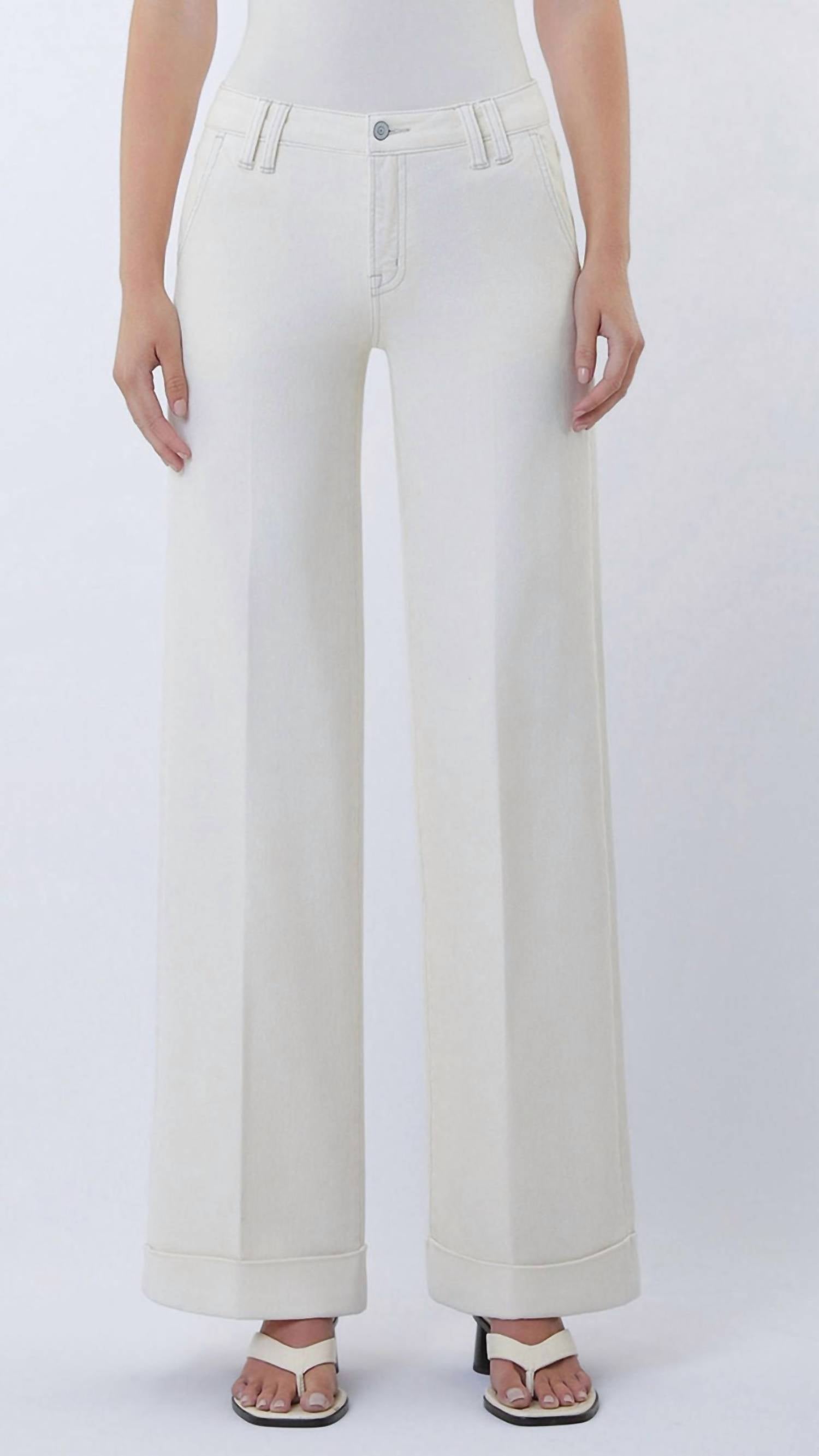 FLYING MONKEY Mid Rise Full Length Trouser Pressed Cuffed Wide Leg Jeans in ecru - women's pants - view 4