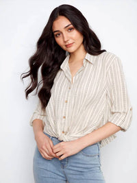 Charlie B - Yarn Dye Stripe Twist Front Shirt With Roll Up Long Sleeves