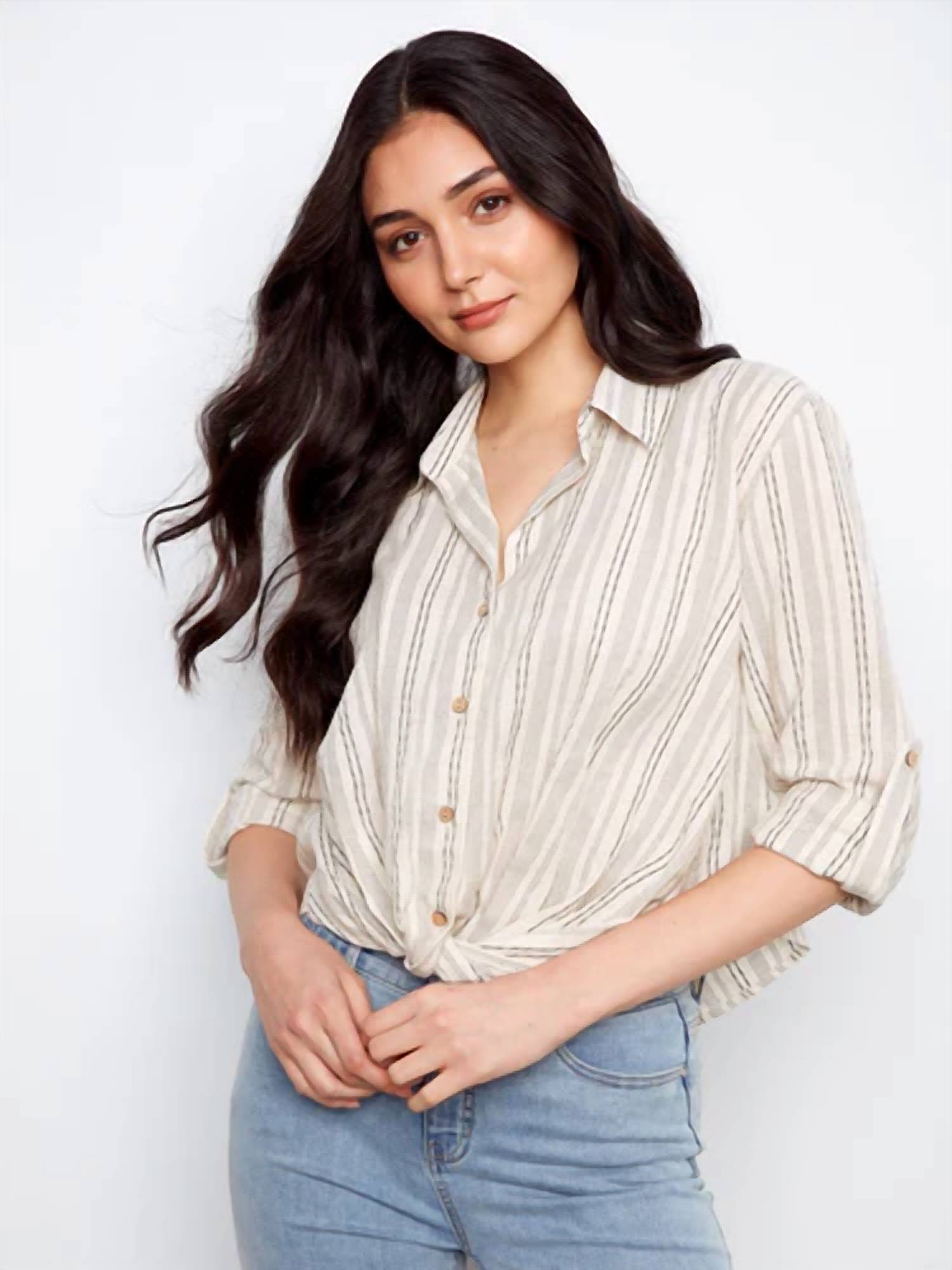 Charlie B - Yarn Dye Stripe Twist Front Shirt With Roll Up Long Sleeves