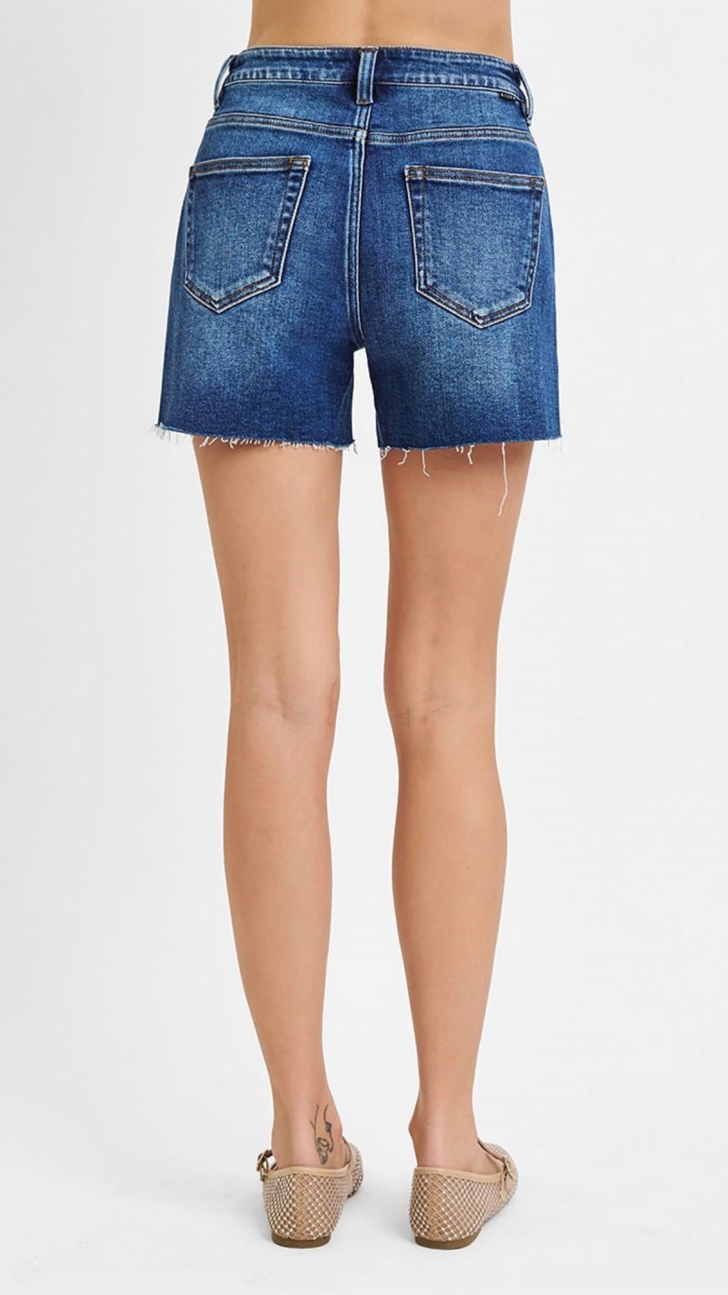 RISEN High Rise Raw Cut Side Slit Shorts in blue - women's shorts - detail view