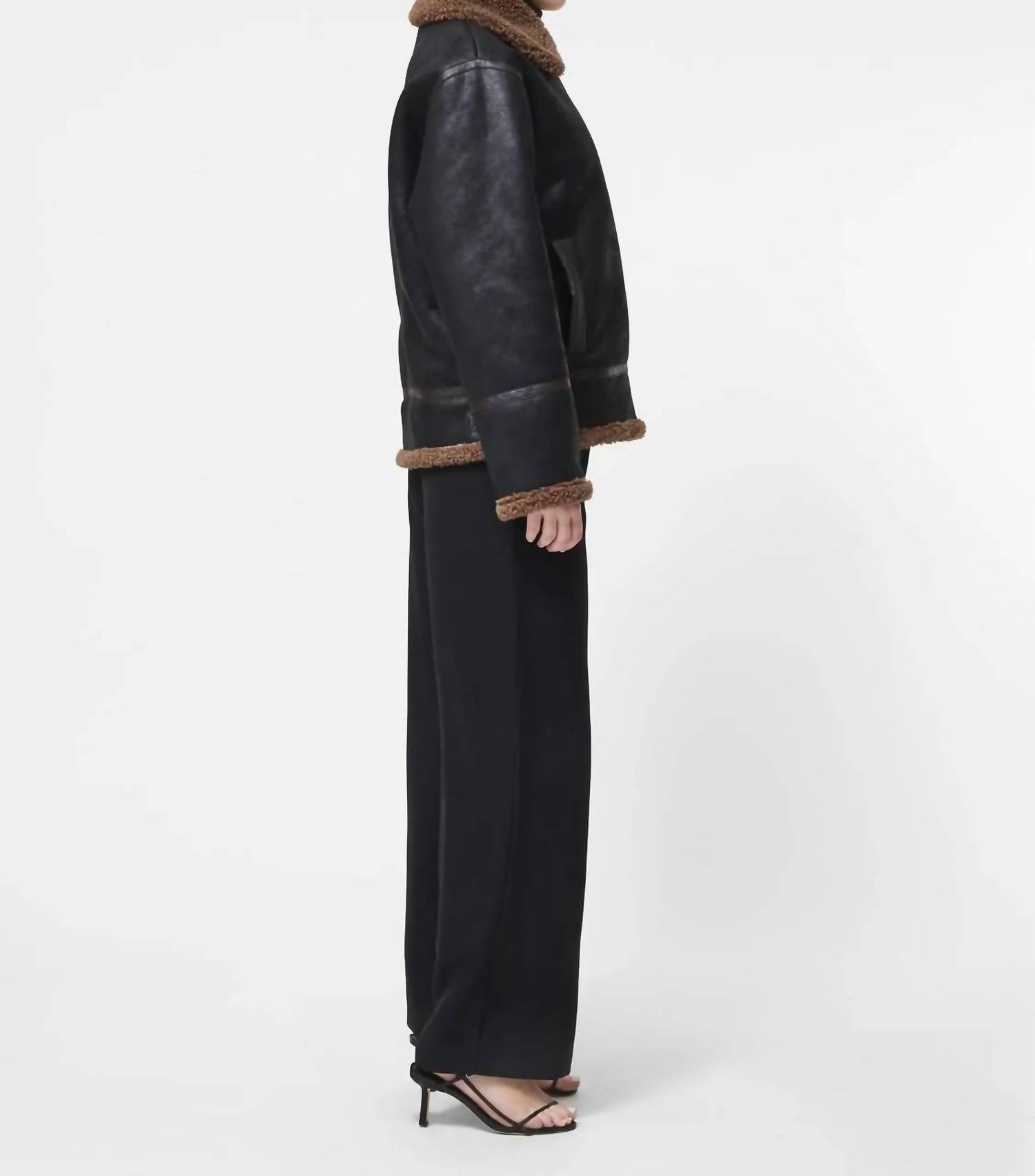 FRENCH CONNECTION Vegan Shearling Zip Up Jacket in black brown - women's jacket - detail view