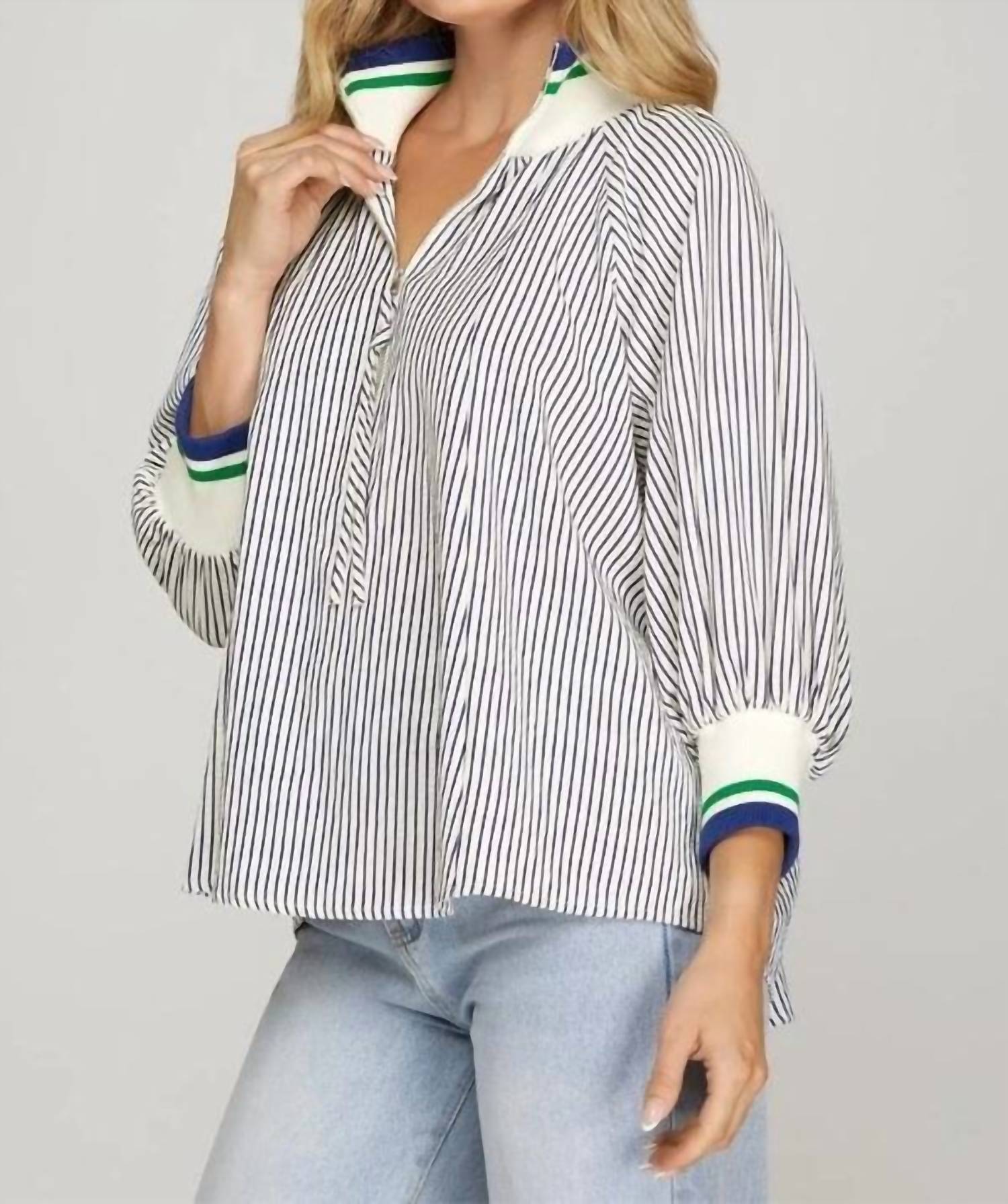 SHE + SKY Women's Half Zipped Striped Top in navy white - women's blouse