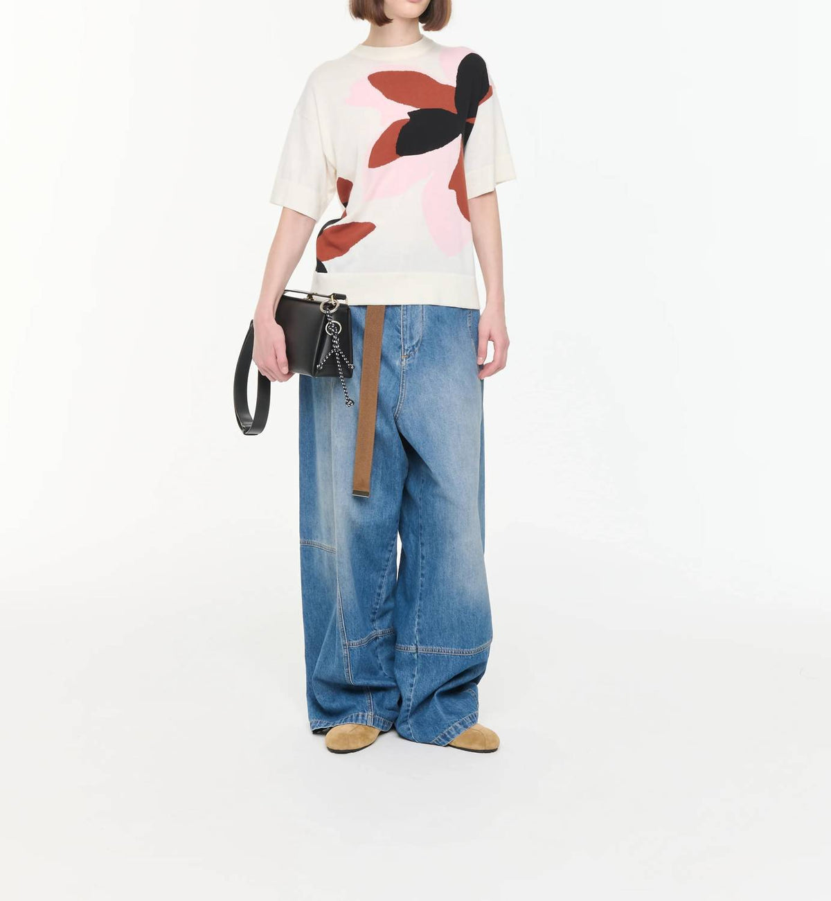 Plan C - Floral Intarsia Short Sleeve Knit Top