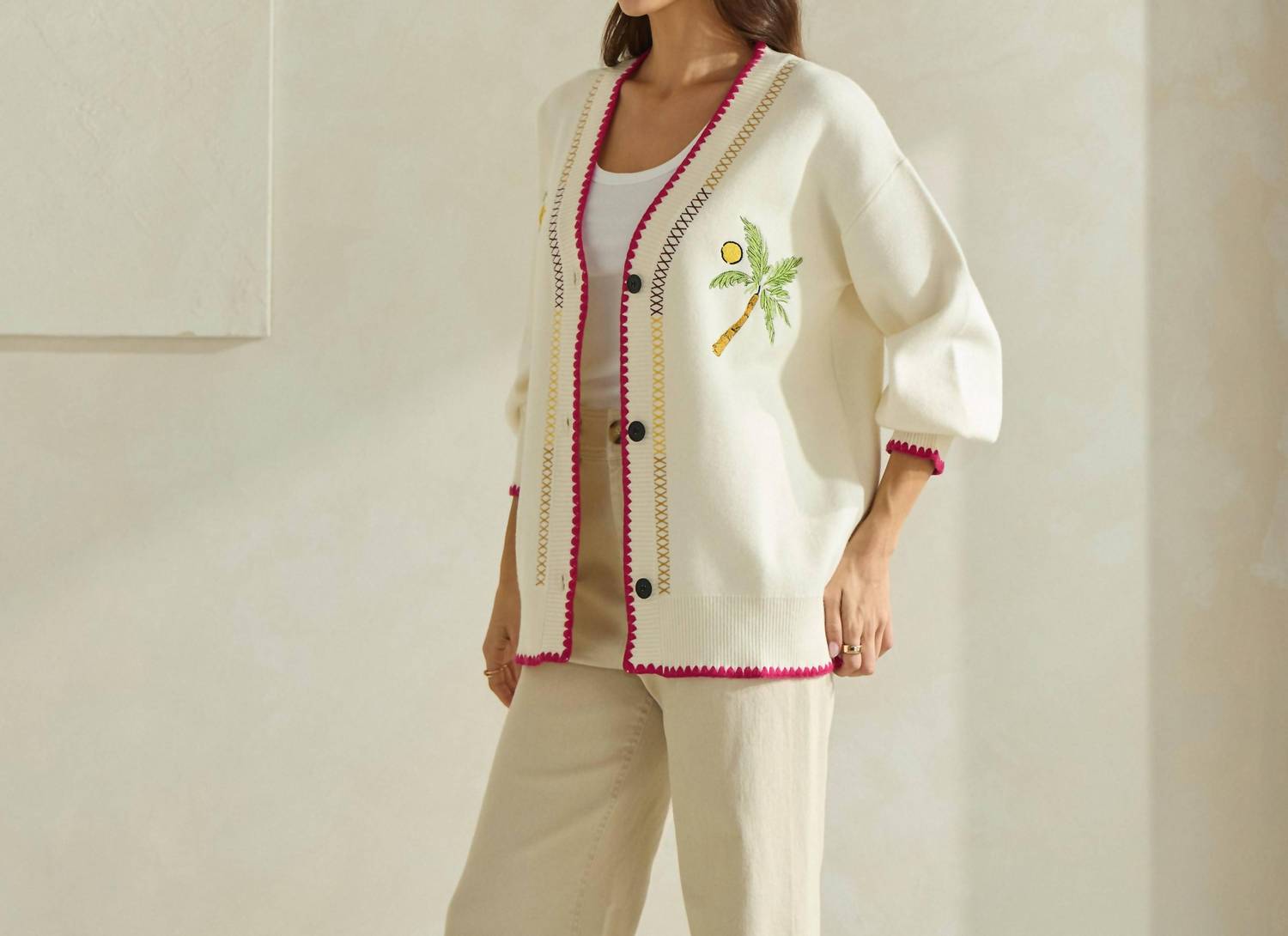 ABLE Embroidered V-neck Cardigan in cream red - women's cardigan - view 4